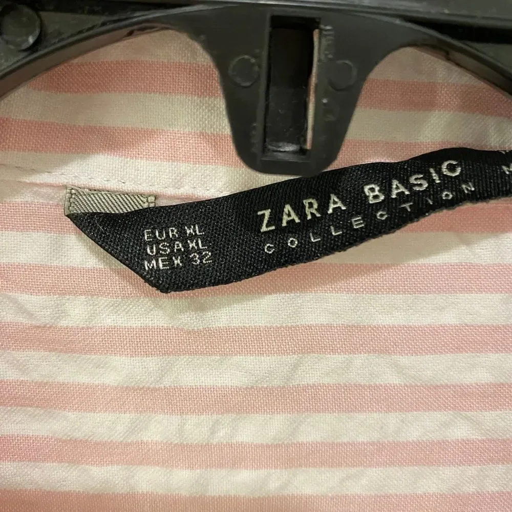 Zara Basic Pink White Striped Seersucker Patch High Low Button Down Shirt XL